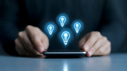 Naklejka premium Smartphone in hand with light bulbs floating above, showing concept of new ideas generative AI