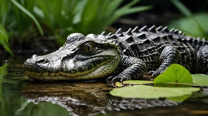 Tranquil Moment: Baby Alligator Relaxing Near Stream in Vibrant Habitat