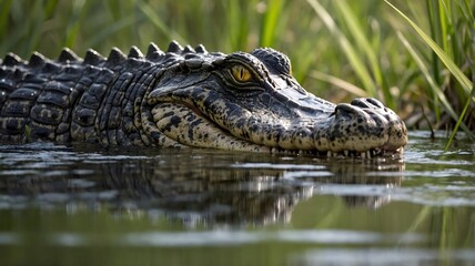 Fototapeta premium Stealthy Alligator Preparing to Strike Prey Near Waterhole