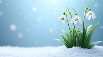 Obraz premium Snowdrop flowers bloom through snow, winter landscape, spring background, wallpaper generative AI