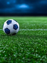 Fototapeta premium Soccer ball on grass field at night for tournament promotion generative AI