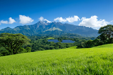 Obraz premium Solar panels provide energy near green landscape with mountains and trees generative AI