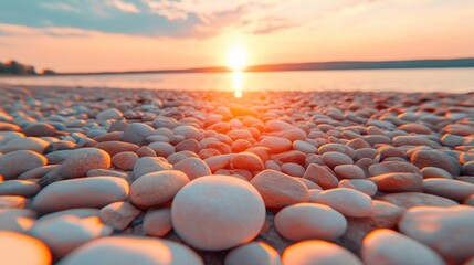 Fototapeta premium Sunset beach pebbles; serene lake background, peaceful landscape