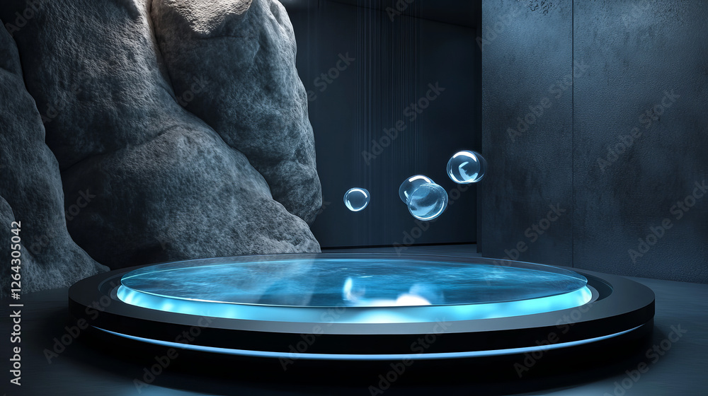 Poster minimalist hologram podium with flying disks on gradient iridescent background. round pedestal with 