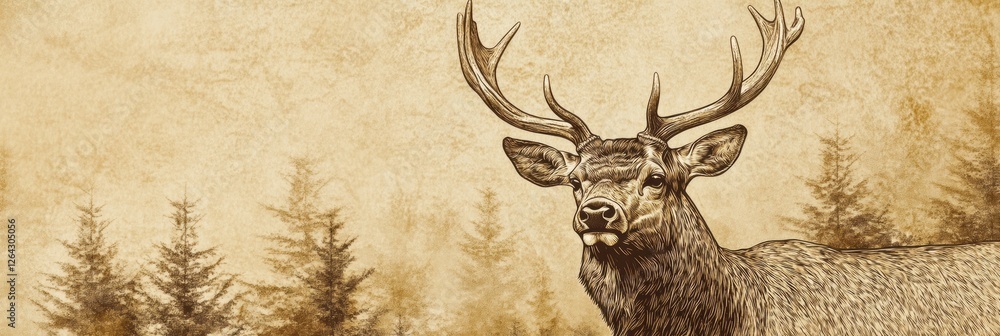 Poster intricate engraved deer portrait in sepia tones with room for personalized text. generative ai
