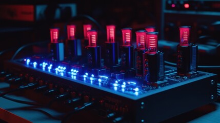 Neon-lit vacuum tube amplifier in studio