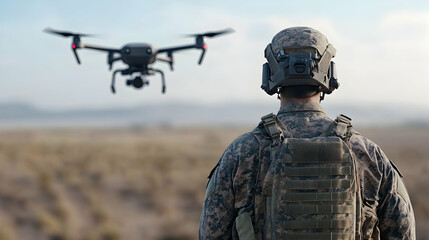 Soldier watches drone flying in a desert landscape for surveillance or patrol generative AI