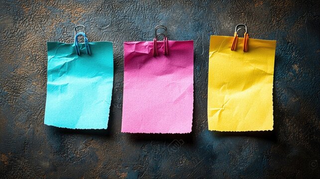 Colorful crumpled sticky notes pinned to a textured surface, ideal for reminders and notes