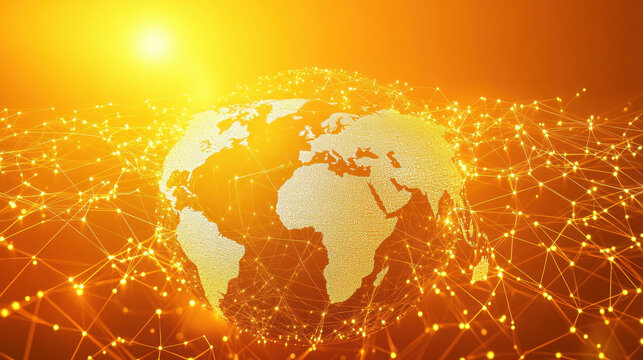 A golden gradient background with digital connections forming the shape of an earth