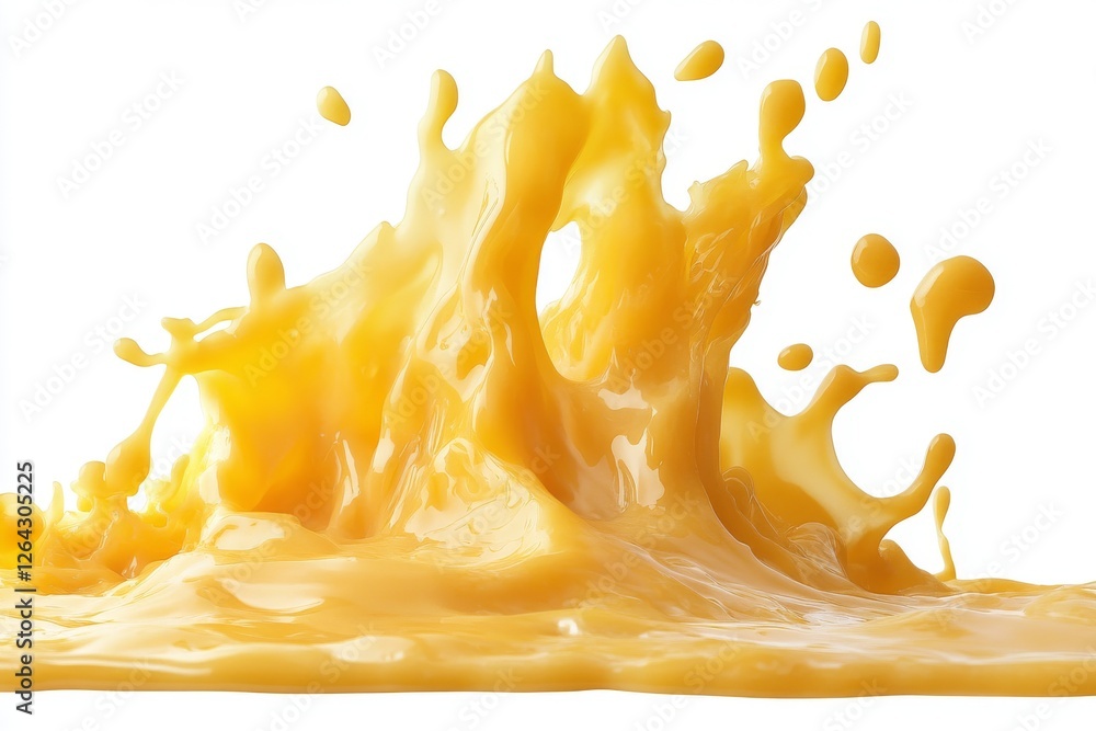 Poster vibrant yellow liquid splash with dynamic motion and glossy texture on a clean white background, cre