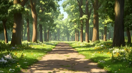 Obraz premium Sunlit Path Through Lush Green Summer Forest Canopy Sunlight Dappled Trail Woodland Walkway Nature Scene