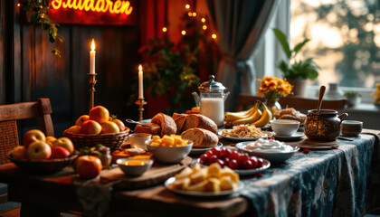 Naklejka premium Cozy Autumnal Table Setting: A Bountiful Harvest Feast