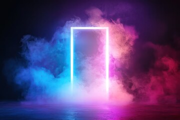 Fototapeta premium Elegant product presentations highlighted by white smoke and soft light effects on a stage with a brightly lit white door.