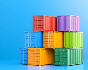Stack of colorful metal freight containers on blue backdrop for global trade concept generative AI