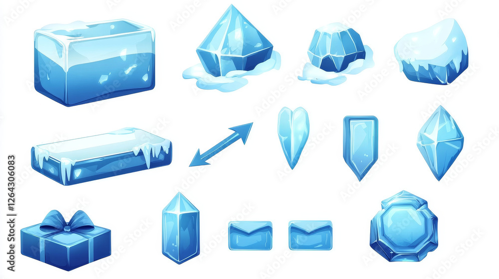 Poster ice quest game ui buttons set isolated on background. vector cartoon illustration of blue frozen sno