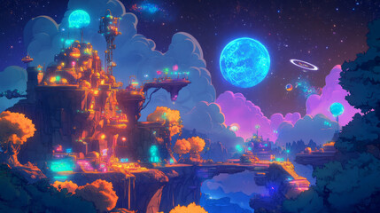 Mobile arcade with spaceship parallax background, interstellar shuttle hover above alien planet with assets on flying platforms, fantasy game 2d ui design, extraterrestrial cartoon vector landscape