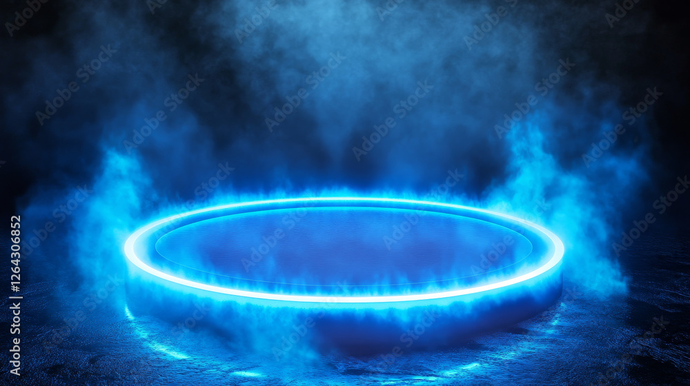 Aufkleber glowing neon game portal - realistic vector illustration of futuristic teleport podium with smoke fo