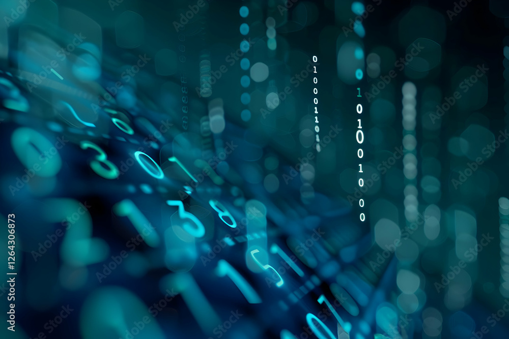 Poster abstract representation of digital data flow with binary code and glowing numbers in a futuristic se