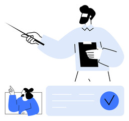 Professional man pointing with stick at clipboard, woman raising hand in lower left corner, checklist at the bottom. Ideal for presentations, education, teamwork, training sessions, planning