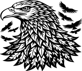 Black and White Eagle Illustration with Birds Flying Around