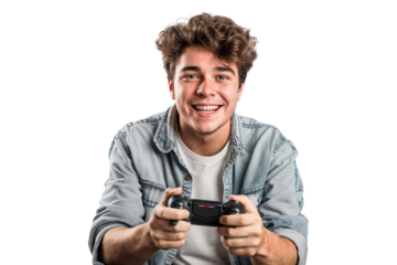 Happy man playing games and holding video game controller, isolated on white background