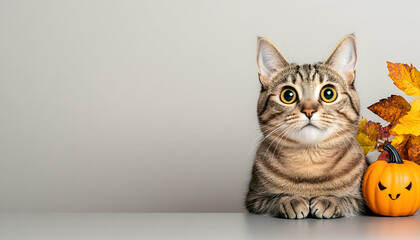 Tabby cat by pumpkin and autumn leaves. Decoration for seasonal pet products generative AI