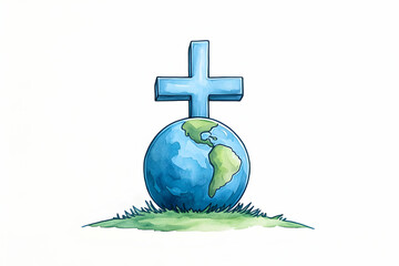 Symbolic globe with cross on grassy hill for religion, spirituality or Christianity generative AI
