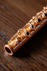 Naklejka premium Close up of golden flute resting on wooden surface for musician?s practice