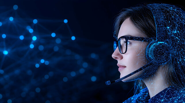 Tech worker with headset assists with data analysis, on dark background. Use tech generative AI