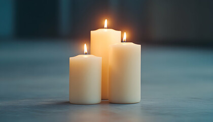 Three candles illuminate a floor. Warm glow and ambiance. Possible decoration use generative AI