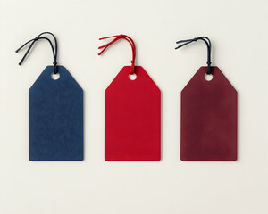 Three blank colorful tags on a bright background for retail and promotional use generative AI