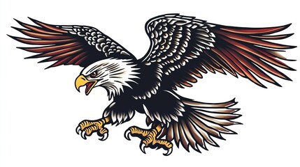 A bold and iconic American traditional style eagle tattoo design, featuring a majestic eagle with outstretched wings, sharp talons, and a patriotic vibe.