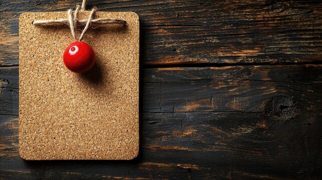 Corkboard with a red pin on a rustic wooden surface, ideal for notes or reminders