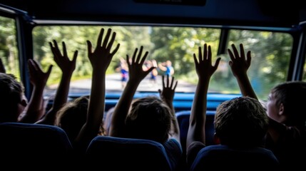 Children's bus trip, waving goodbye, summer camp, forest road