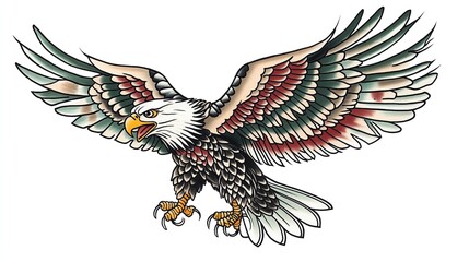 Obraz premium A bold and iconic American traditional style eagle tattoo design, featuring a majestic eagle with outstretched wings, sharp talons, and a patriotic vibe.