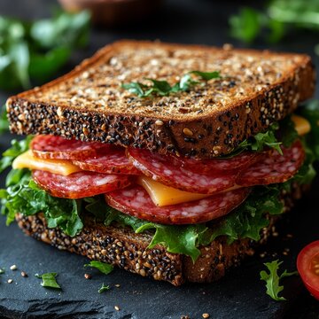 Delicious Salami and Cheese Sandwich on Dark Seeded Bread with Fresh Greens, a Perfect Lunch or Snack Option on a Dark Slate Surface, a Delightful Culinary Presentation