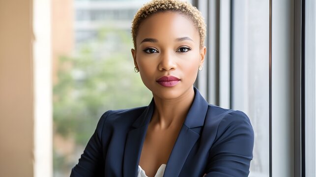 Confident businesswoman in a navy blazer, embodying professionalism and determination