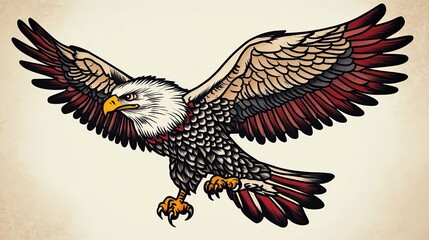Fototapeta premium A bold and iconic American traditional style eagle tattoo design, featuring a majestic eagle with outstretched wings, sharp talons, and a patriotic vibe.