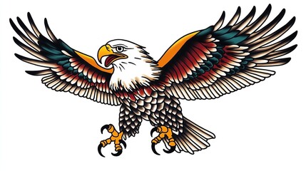 Obraz premium A bold and iconic American traditional style eagle tattoo design, featuring a majestic eagle with outstretched wings, sharp talons, and a patriotic vibe.