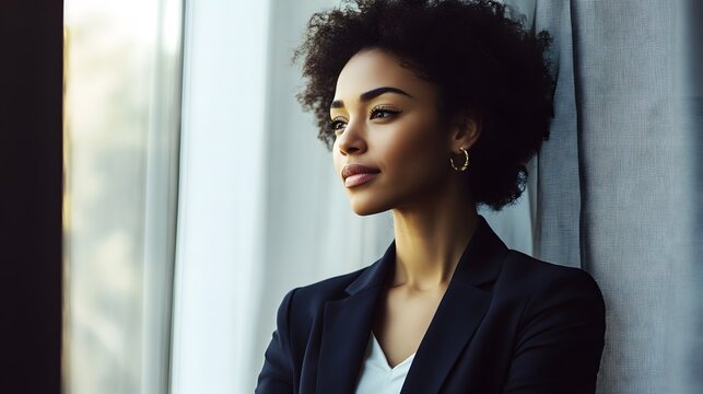 Confident businesswoman in a navy blazer, embodying professionalism and determination