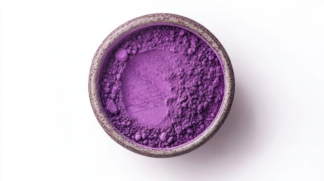 Purple sweet potato powder in a bowl. Ideal for food blogs, recipes, and healthy eating content.