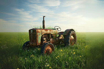 Obraz premium Vintage Tractor in a Field of Yellow Flowers. Rustic Farm Equipment, Agriculture, Rural Landscape, Countryside, Vintage, Antique, Farming, Harvest...