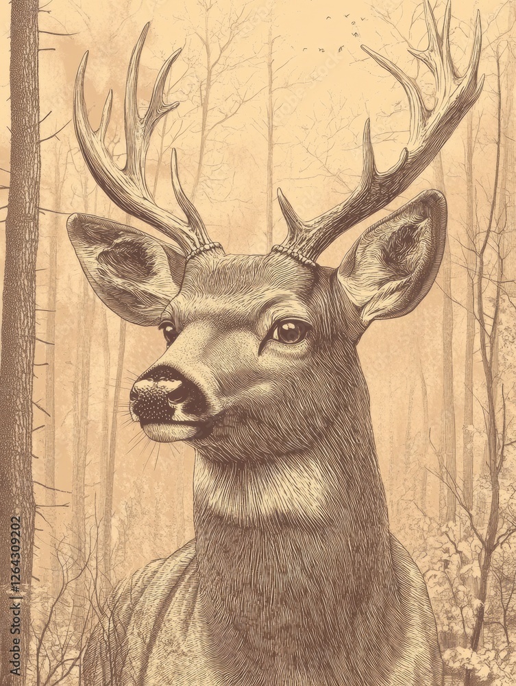 Poster Engraved portrait of a deer showcasing intricate line work and sepia tones while providing space for custom text. Generative AI