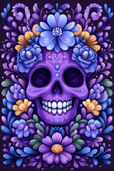 Obraz premium Violet floral skull background for Day of the Dead celebration with dark theme generative AI