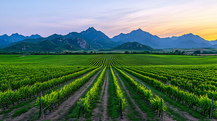 Naklejka premium Vineyard landscape with rows of grape vines and mountain range in the background generative AI