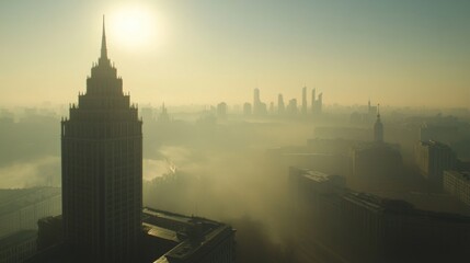 Fototapeta premium Sunrise Foggy Cityscape Skyline Aerial View