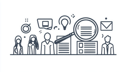 Job recruit doodle concept with applicant resume and outline business icons magnifier, pen, cv, loudspeaker, envelope, target with arrow. Interview, human resource search Line art vector illustration