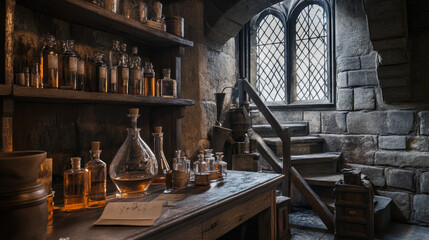 Alchemist work room in medieval dungeon. Vector cartoon illustration of castle basement with stone staircase and gothic window, wooden furniture, glass elixir bottles, bottles, ancient papers on shelf