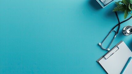 Medical workspace with stethoscope, clipboard, and plant on a vibrant blue background