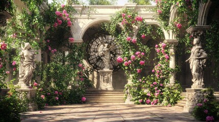 Hidden Courtyard with Weathered Statue and Vibrant Flowering Vines